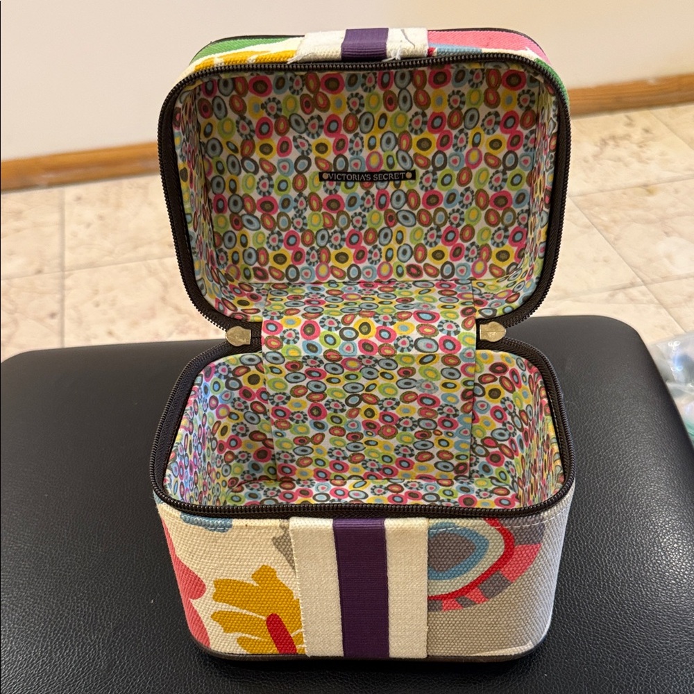 Victoria's Secret Multicolor Floral Canvas Jewelry Case with Purple Stripe - Picture 3 of 7